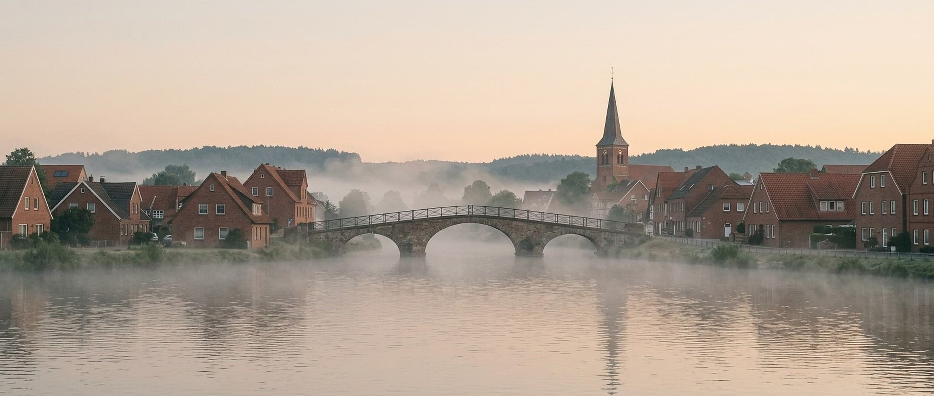 Steinerne Bogenbrücke über einem Fluss im Morgennebel, dahinter Backsteinhäuser und ein Kirchturm